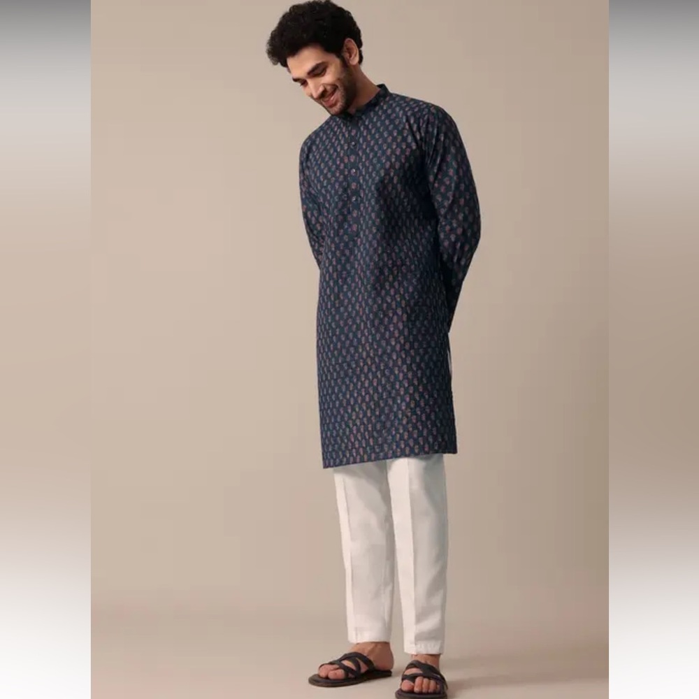Blue Festive Jaipur Print Men Kurta Set